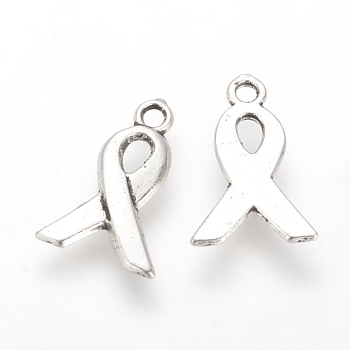 Tibetan Style Alloy Charms, Cadmium Free & Lead Free, Awareness Ribbon, Antique Silver, 14x9x1~1.5mm, Hole: 1.5mm