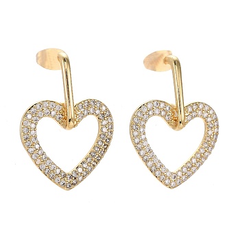 Brass Micro Pave Clear Cubic Zirconia Dangle Stud Earrings, with Ear Nuts, Heart, Real 18K Gold Plated, 28mm, Pin: 0.7mm