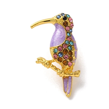 Woodpecker Golden Zinc Alloy Enamel Pin, Rhinestones Brooches for Backpack Clothes, Purple, 32.5x20mm