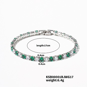 Brass Rhinestone Cup Chains Bracelet for Elegant Women with Subtle Luxury Feel, Emerald, Platinum, 6-3/4 inch(17cm)