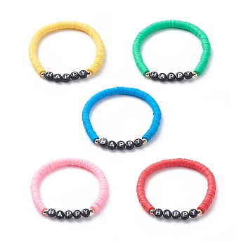 5Pcs 5 Color Handmade Polymer Clay Disc Surfer Stretch Bracelets Set, Word Happy Acrylic Preppy Bracelets for Women, Mixed Color, Inner Diameter: 2-1/8 inch(5.5cm), 1Pc/color
