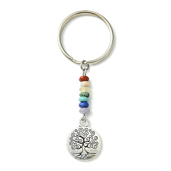 Alloy Tree of Life Pendant Keychain, with Chakra Gemstone Bead and Iron Split Key Rings, Flat Round, 6.6cm, Pendant: 19x15x1.5mm