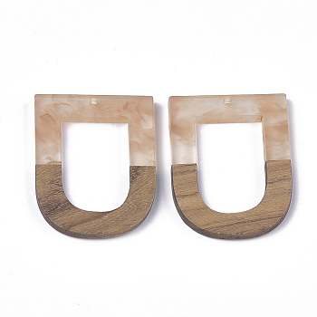 Resin & Walnut Wood Pendants, U Shape, Linen, 47x35x3.5mm, Hole: 2mm
