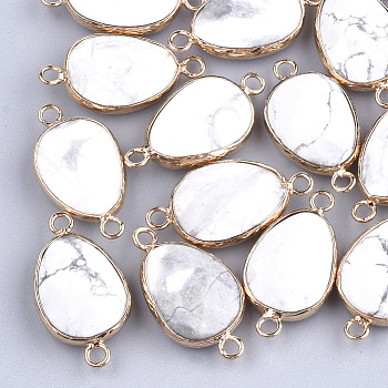 Natural Howlite Links connectors, with Brass Findings, Faceted, teardrop, Golden, 27.5x14.5~15x6~6.5mm, Hole: 2mm