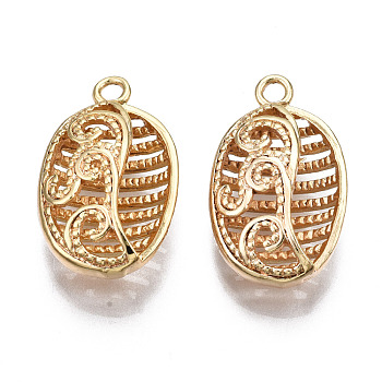 Brass Pendants, Hollow, Nickel Free, Oval, Real 18K Gold Plated, 25x15x8mm, Hole: 2mm