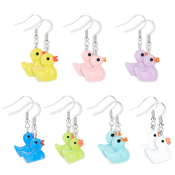 ANATTASOUL 7 Pairs 7 Style 3D Duck Resin Dangle Earrings, Platinum Iron Jewelry for Women, Mixed Color, 38.5~39mm, Pin: 0.6~0.8mm, 1 Pair/style