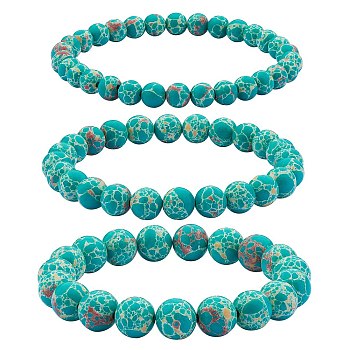 3Pcs 3 Size Synthetic Imperial Jasper Round Beaded Stretch Bracelets Set, Gemstone Jewelry for Women, Sea Green, Inner Diameter: 2-1/8 inch(5.5cm), Beads: 6~10mm, 1Pc/size