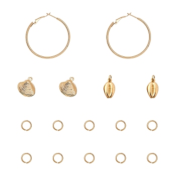304 Stainless Steel Hoop Earrings Making Kits, with Shell Shape Pendants, Golden, Hoop Earrings: 12 Gauge, 42x39.5x2mm, pin: 1mm, 2pcs/box