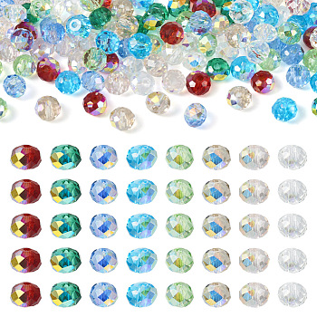 400Pcs 8 Colors Transparent Electroplate Glass Beads Strands, Faceted, Rondelle, AB Color Plated, Mixed Color, 4~4.5x3~3.5mm, Hole: 0.8mm, 50Pcs/color