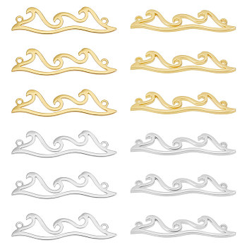 20Pcs 2 Colors 304 Stainless Steel Connector Charms, Wave Shaped Links, Golden & Stainless Steel Color, 28x7.5x1mm, Hole: 1.2mm, 10pcs/color