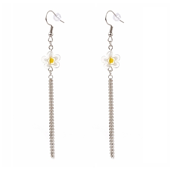 Millefiori Glass Flower Dangle Earrings, Chain Tassel Earrings, with 304 Stainless Steel Earring Hooks and Ear Nuts, White, 90mm, Pin: 0.7mm