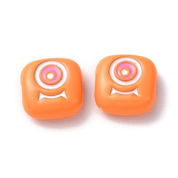 Spray Painted Alloy Enamel Beads, Square with Eye, Dark Orange, 10x10x4mm, Hole: 1.8mm