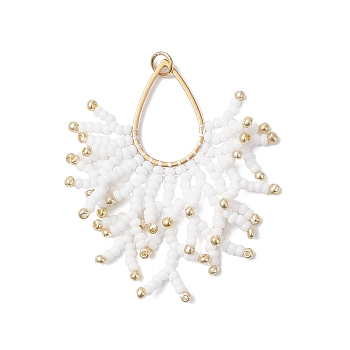 Glass Seed Beaded Imitation Coral Pendants, with 201 Stainless Steel Linking Rings & 304 Stainless Steel Open Jump Rings, White, 46~49x36~39x2mm, Hole: 3mm