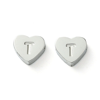 Tarnish Resistant 316L Surgical Stainless Steel Beads, Love Heart with Letter Bead, Stainless Steel Color, Letter T, 5.5x6.5x2.5mm, Hole: 1.4mm