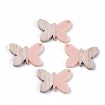 Resin & Wood Pendants, Butterfly, Pink, 21.5x27.5x3mm, Hole: 1.8mm