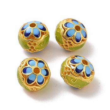 Hollow Alloy Beads, with Enamel, Rondelle with Flower, Matte Gold Color, Deep Sky Blue, 14x13mm, Hole: 2.5mm