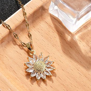 304 Stainless Steel Necklaces for Women, with Cubic Zirconia, Sunflower Pendant, Clear, 15.75 inch(40cm) long+60mm extender