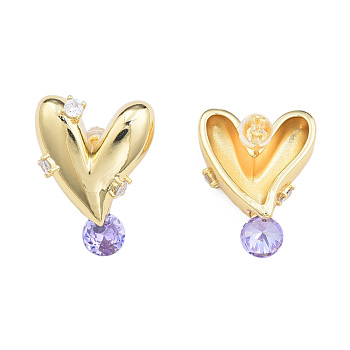 Cubic Zirconia Heart Stud Earrings, Golden Brass Jewelry for Women, Nickel Free, Lilac, 26x20mm, Pin: 0.7mm