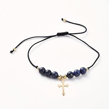 Adjustable Braided Bead Bracelets, with Natural Lapis Lazuli(Dyed) Beads, Nylon Thread, Golden Plated 304 Stainless Steel Pendants and Brass Beads, Cross, 5/8 inch~3 inch(1.5~7.5cm)
