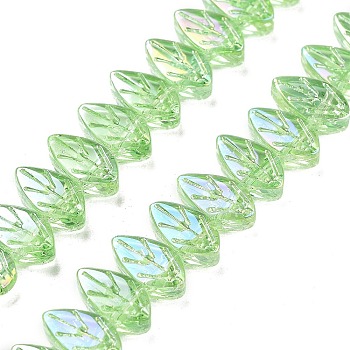 Electroplate Glass Beads Strands, Leaf, Lime, 11x6.5x4mm, Hole: 0.8mm, about 79pcs/strand, 19.69 inch(50cm)