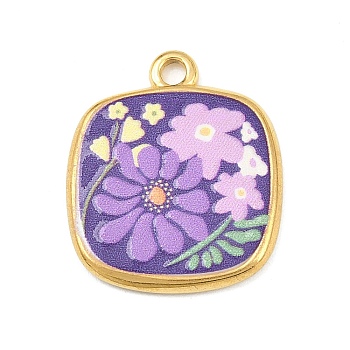 Printed 304 Stainless Steel Pendants, Square with Flower, PVD Vacuum Plating, Real 18K Gold Plated, Medium Purple, 21x18x2mm, Hole: 1.8mm