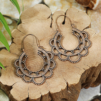 Bohemian Style Alloy Hoop Earrings, Red Copper, Flower, 53x38mm