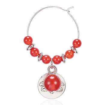 Natural Carnelian Wine Glass Charms, with Alloy Lotus Pendants and Brass Hoops, 46x27mm