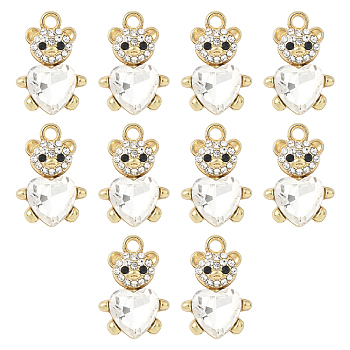 10Pcs Alloy Glass Pendants, Bear with Heart, Faceted, with Rhinestone, Clear, 21.1x14.3mm