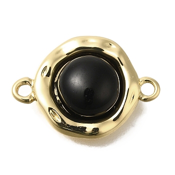 Brass Pave Black Glass Half Round Links Connector Charms, Real 18K Gold Plated, 18.5x13x5.5mm, Hole: 1.5mm