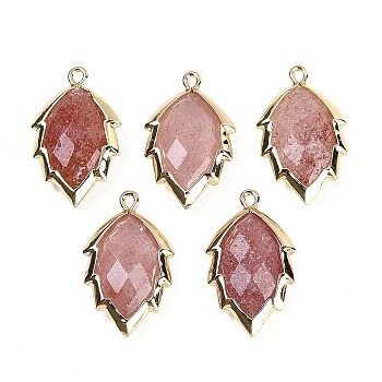 Natural Strawberry Quartz Faceted Leaf Pendants, Rack Plating Brass Charms, Golden, 23x13.5x5.5mm, Hole: 1.2mm