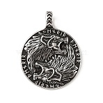304 Stainless Steel Pendants, Flat Round with Viking Lion Charm, Antique Silver, 46x36x8.5mm, Hole: 7x5mm(STAS-F363-20AS)