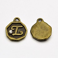 Antique Bronze Plated Alloy Rhinestone Charms, Flat Round with Letter.L, Nickel Free, 13x10x1.5mm, Hole: 1mm(ALRI-J152-L-NF)
