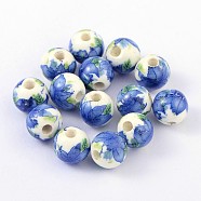 Handmade Printed Porcelain Beads, Round, Royal Blue, 10mm, Hole: 3mm(X-PORC-Q199-10mm-19)