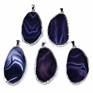 Edge Platinum Plated Natural Agate Slices Big Pendants, with Platinum Tone Iron Pinch Bail, Dyed, Teardrop, Marine Blue, 54~58x29~30x5~6mm, Hole: 7x3.5mm(G-S359-189A)