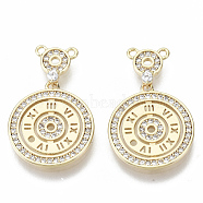 Brass Micro Pave Cubic Zirconia Pendants, Flat Round with Clock & Roman Numerals, Clear, Real 18K Gold Plated, 22mm, Hole: 1mm(KK-N232-53-NF)