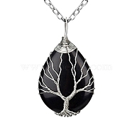 Natural Black Agate Teardrop Pendant Necklace, Platinum Copper Wire Wrap Necklace, 20.47 inch(52cm)(PW-WG91066-08)