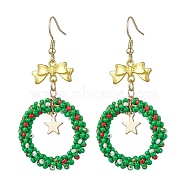 Handmade Seed Beads Dangle Earrings, with Alloy Pendants, Christmas Wreath, Green, 64x29mm(EJEW-MZ00140)