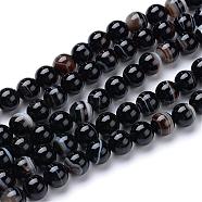 Natural Striped Agate/Banded Agate Bead Strands, Dyed, Round, Black, 6mm, Hole: 1mm, about 70pcs/strand, 15.7 inch(G-R412-19-6mm)