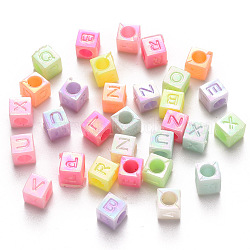 Opaque Acrylic Beads, AB Color Plated, Horizontal Hole, Cube with Mixed Initial Letters, Mixed Color, 6x6x6mm, Hole: 3mm, about 3800pcs/500g(SACR-R250-18)