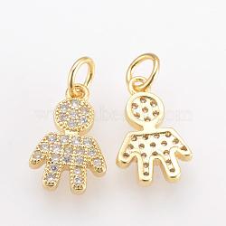 Brass Micro Pave Cubic Zirconia Charms, with Jump Ring, Boy, Golden, 15x14x2mm, Hole: 3mm(ZIRC-Q001-151G)