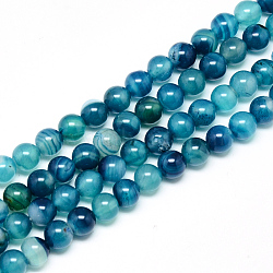 Natural Striped Agate/Banded Agate Beads Strands, Dyed, Round, Dark Cyan, 8mm, Hole: 1mm, about 48pcs/strand, 14.9 inch(G-R003-03)