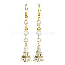 Alloy Enamel Eiffel Tower Dangle Earrings with Imitation Pearl Beaded, Golden Long Drop Earrings with Iron Earring Pins, White, 64x9mm(EJEW-JE05422-03)