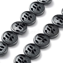 Synthetic Non-Magnetic Hematite Hollow Beads Strands, Flat Round with Tree, 12.5x4.5mm, Hole: 1.4mm, about 33pcs/strand, 15.91 inch(40.4cm)(G-H303-B07)