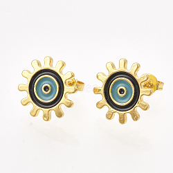 Brass Stud Earrings, with Enamel and Ear Nuts, Sun with Evil Eye, Black, 14mm, Pin: 0.8mm(EJEW-S201-190B)
