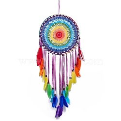 Native Style Iron Ring Woven Net/Web with Feather Wall Hanging Decoration, with Wooden Beads & Satin/Cotton Thread, for Home Offices Amulet Ornament, Colorful, 1170x405mm, Pendant: 1020mm long(HJEW-A001-09)