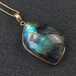 Natural Labradorite Pendants, with Metal Findings, Oval, Golden, 35~50x8~10mm(PW-WG17456-01)