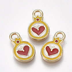 Alloy Charms, Cadmium Free & Lead Free, with Enamel, Flat Round with Heart, Light Gold, Red, 13.5x8x1mm, Hole: 2mm(ENAM-S115-069)