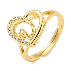 Heart with Letter Rack Plating Brass Micro Pave Cubic Zirconia Adjustable Rings for Women, Lead Free & Cadmium Free, Real 18K Gold Plated, Letter U, Inner Diameter: 16mm(RJEW-I105-06G-U)