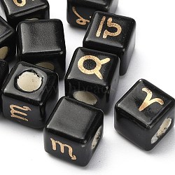 European Porcelain Beads, Cube with Printed Constellations, Black, 10~10.5x10~10.5x10~10.5mm, Hole: 4mm(PORC-WH0006-01-01)