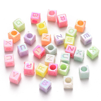 Opaque Acrylic Beads, AB Color Plated, Horizontal Hole, Cube with Mixed Initial Letters, Mixed Color, 6x6x6mm, Hole: 3mm, about 3800pcs/500g